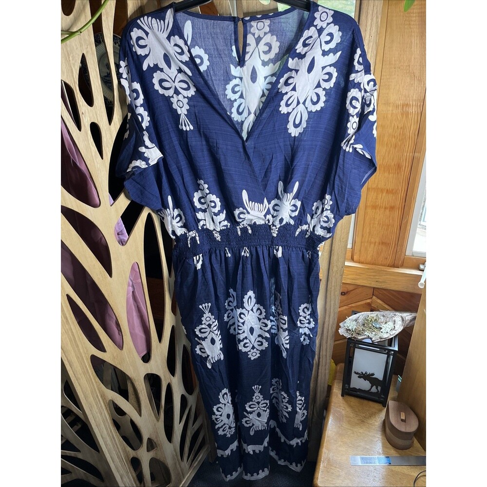 CUPSHE V Neck Short Sleeve Flowy Lightweight Jumpsuit Navy & White Size XL